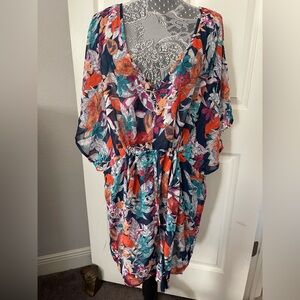 NWT Hawaiian Tropic Tropical Floral Swim Coverup Short Kaftan XL Cold Shoulder